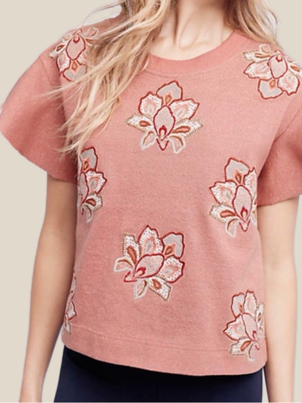 Anthropologie Chloe Oliver Padma Embroidered Pink Floral Flutter Sleeve Top S